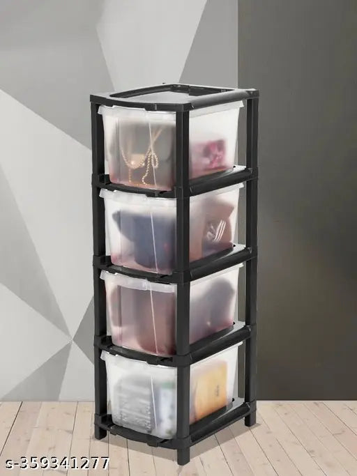 Black multi-tiered storage organizer with compartments for books, toys, clothes, socks, shoes