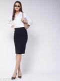 Purple feather black pencil skirt with back slit and super stretchable polycotton fabric - women's knee-length skirt available in sizes 28 to 40