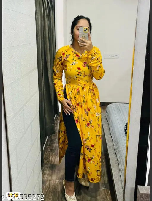 Yellow anarkali kameez with long sleeves, straight cut, and paisley print