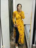 Yellow anarkali kameez with long sleeves, straight cut, and paisley print