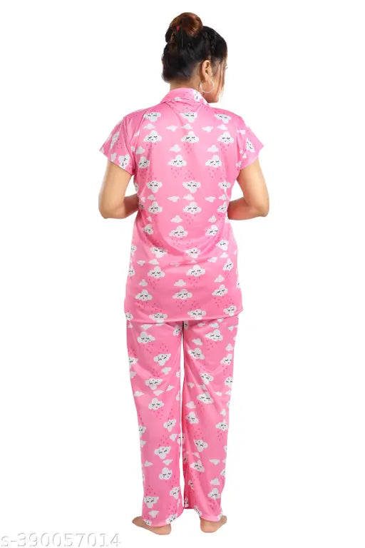 Malani women's printed satin shirt & pyjama set, coordinated night suite for women and girls on display