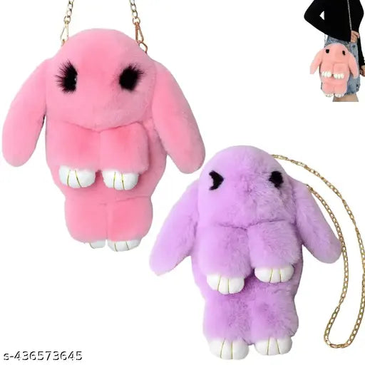 Pink plush rabbit shoulder bag with crossbody chain strap