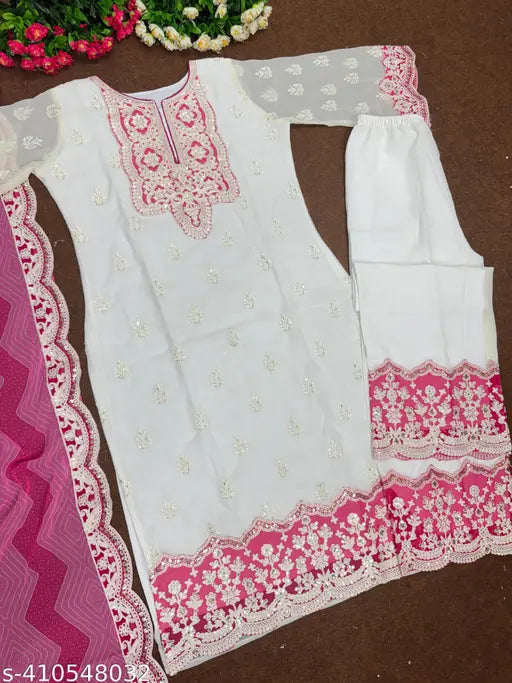 Heavy Faux Georgette Pakistani suit, embroidered long sleeve kurta with palazzos and dupatta. Indian-origin free size (42in waist, 40in length)