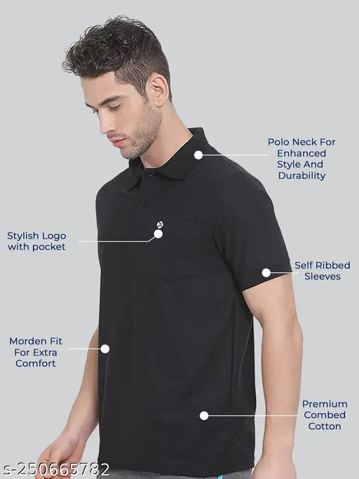 Black cotton short-sleeve solid polo t-shirt for men, Lux Nitro Polo T-shirt with enhanced style and logo, available in various colors, loungewear or casual wear from India