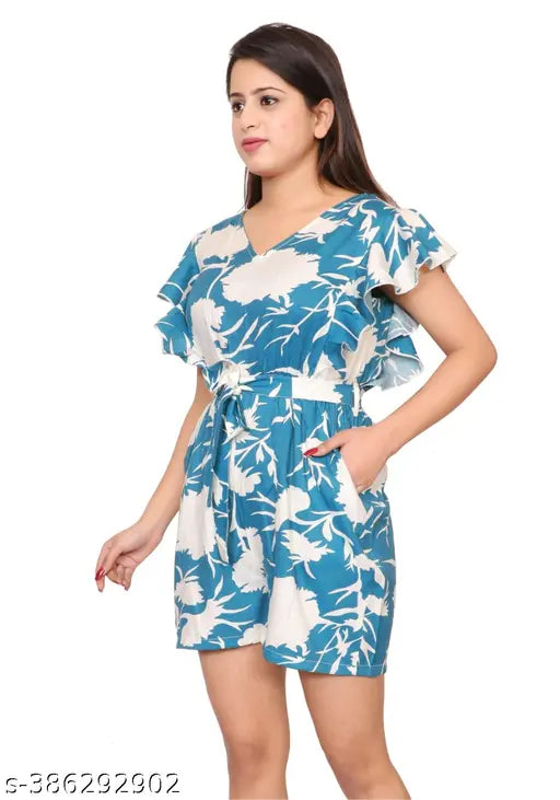 Blue printed cotton blend casual jumpsuit for women and girls, V neck, short sleeves, floral print, back zip closure, summer style, India