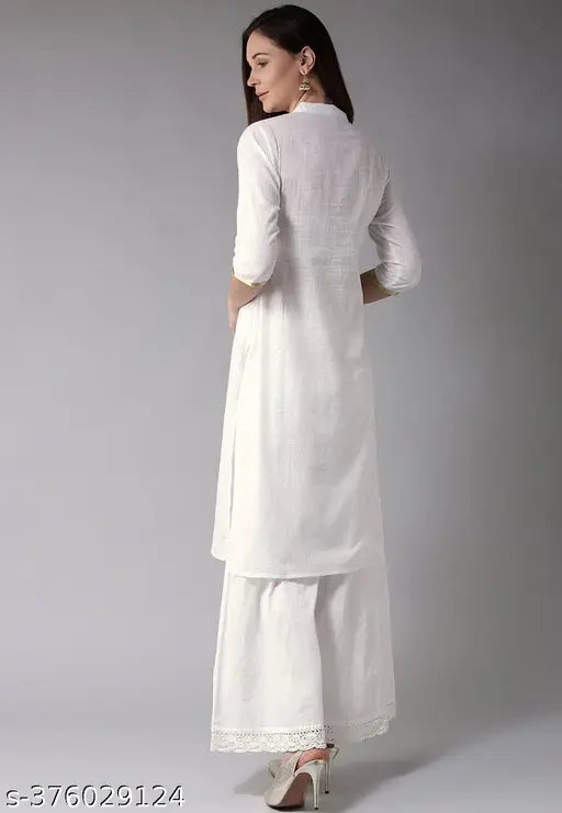 Attractive cotton kurta sets with palazzos, solid net pattern, three-quarter sleeves, sizes S-XXL (India)