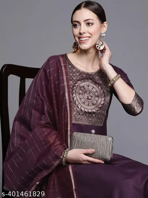 Purple cotton kurti set with palazzos (3pc): Vidusha women's kurta with dupatta & bottomwear