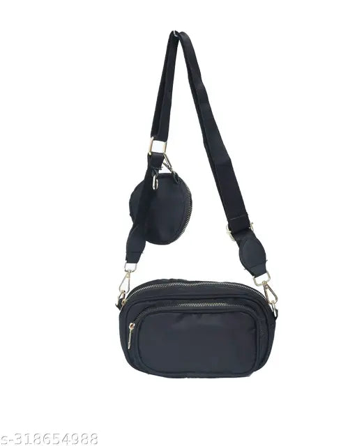 Black and white sling bag with small black pouch