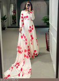 Georgette long sleeve printed dress, comfy elegant women's gown from India