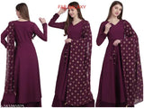 Wine anarkali kurti set for women, featuring a long-sleeve kurta and matching dupatta, with a flared silhouette and print on the dupatta. Set includes a pair of pajamas
