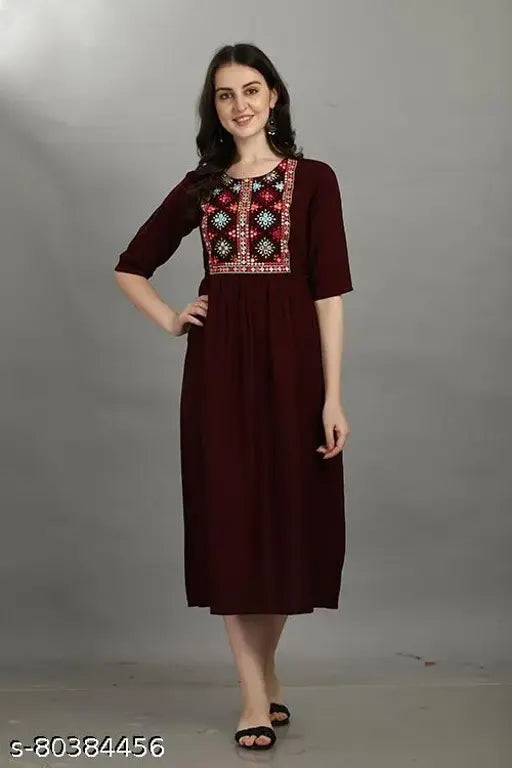Maroon cotton long-sleeved kurta, knee-length dress with matching dupatta