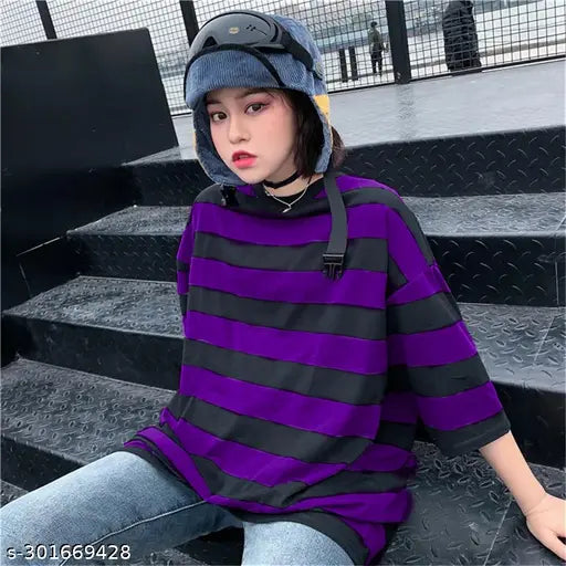 Oversized purple striped womens t-shirt, comfortable, trendy, affordable