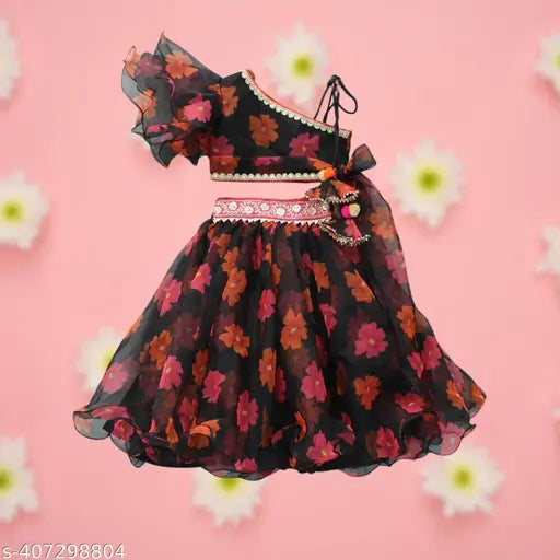 Pink Georgette Floral Embellished Lehenga Choli set for 2-3 years old kids, Indian ethnic party wear