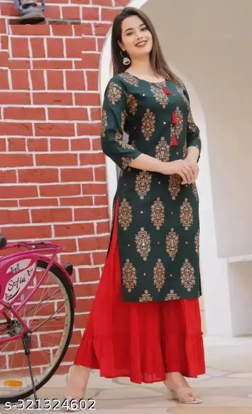 Black rayon printed kameez with matching sharara set women's fashion