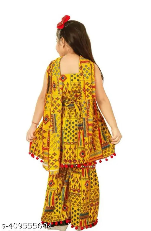 Yellow ethnic kurta & sharara set with dupatta, handcrafted from cotton rayon fabric. Perfect for casual or office wear in sizes ranging from 1-12 years old, made in India