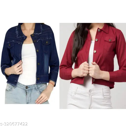 Dark blue denim jacket, white tee shirt, light blue jeans, casual style