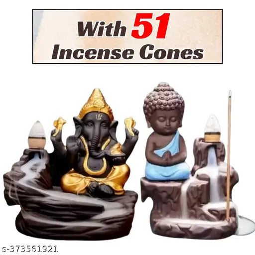 Handcrafted black polyresin idols: Lord Ganesh & Buddha with 51 free incense cones, perfect for a spiritual home decor