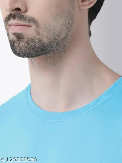 Aqua blue cotton round neck t-shirt for men by Frisker, premium 175-180 GSM quality