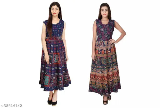 Cotton printed midi kurta, flared sleeves, round neckline