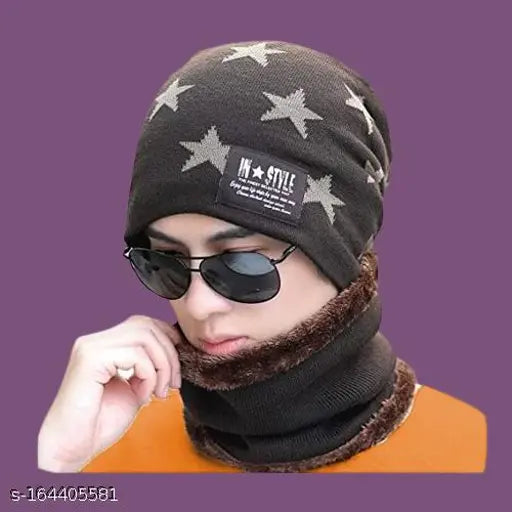 Woolen unisex beanie cap & scarf set with fur - soft touch, thick, warm winter accessory