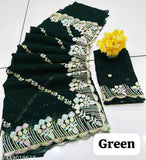 Black sari with detailed embroidery and borders, possibly traditional Indian wear