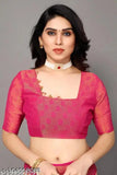Pink chiffon saree, unstitched blouse with red border detail