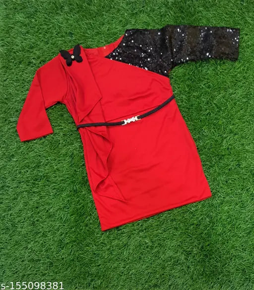 Red sleeveless dress with black trim and zip closure