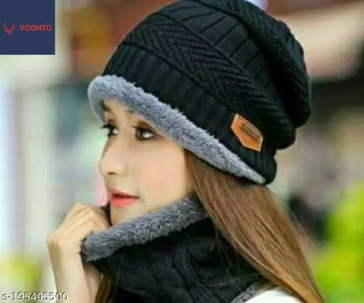 Black knitted scarf and hat set, winter wear for women