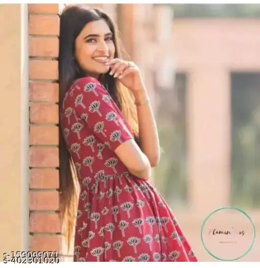 Viscose rayon flared kurti for women and girls, printed with colorful flowers, Indian origin
