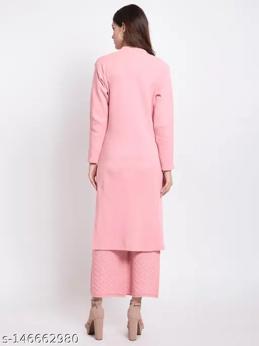 Tysort winter woolen V-neck Kurta with pocket Palazzo sets for women, featuring floral embroidery. Soft wool fabric for warmth and style. Available in M, L, XL sizes. Machine or hand wash. Indian origin