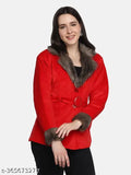 Red velvet women's winter jacket with fur collar, long sleeves, belted and buttoned closure. Imported velvet fabric, fur on collar and sleeve, two pockets. Wash gently. Solid pattern, size chart included in inches. Made in India