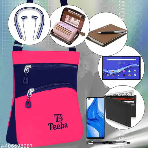 Pink and blue sling bag with logo, carrying essentials