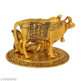 Metal handicraft Premium Finish Kamdhenu Cow with calf & Krishna, Indian artifact showpiece, 16cm x 14cm x 11.5cm size