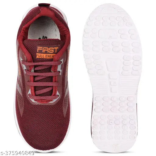 Red and white sports running shoes with a black and red lace