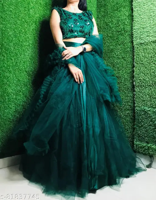 Green acrylic net choli and ruffle dupatta with stripe pattern, trendy semi-stitched Indian lehenga for parties