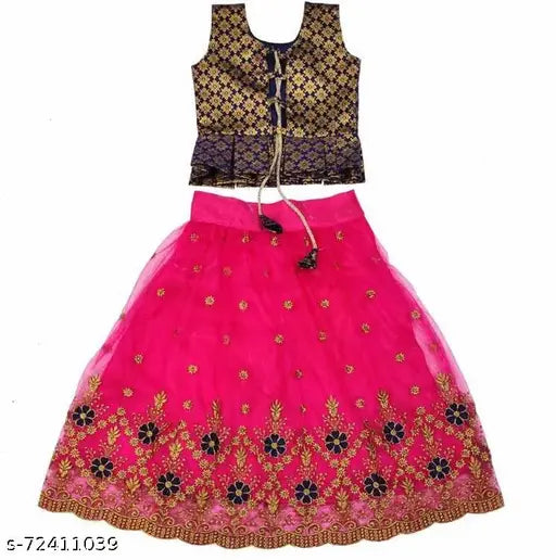 Embroidered cotton blend lehenga choli dupatta set for girls, net fabric with semi-stitched brocade blouse and embroidered detailing, various sizes available from 6 months to 10 years