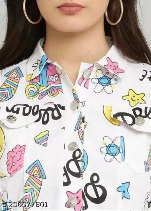 White printed cotton blend jacket for women & girls, long sleeves with vibrant pattern on display