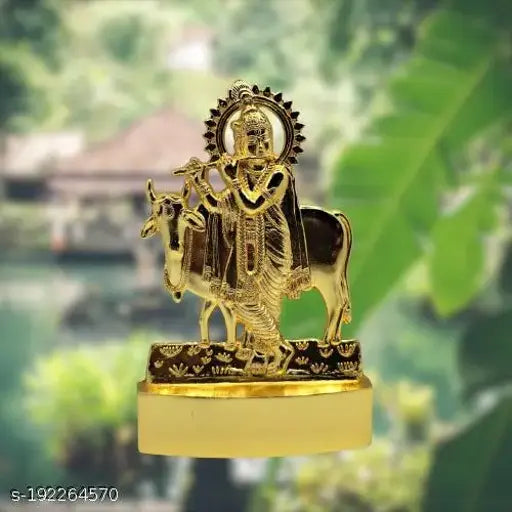 Yellow metal Krishna idol for car dashboard or home decor, 7cm x 7cm x 5cm, Indian origin