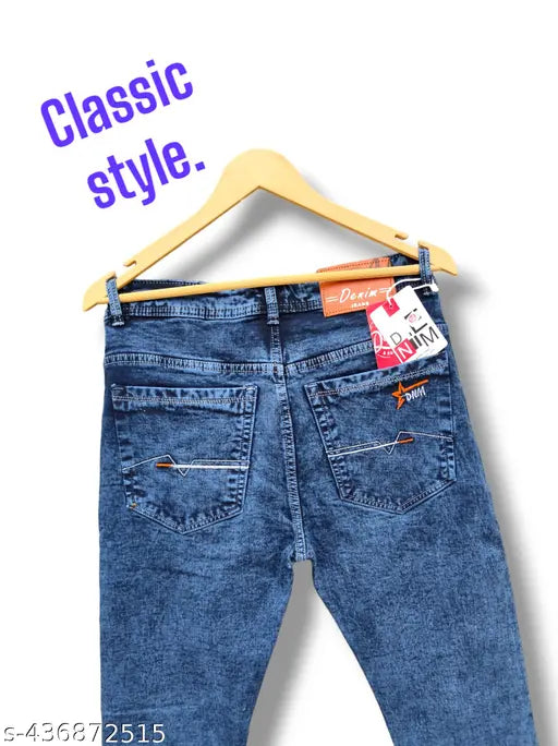 Men's denim casual jeans with blue stitching