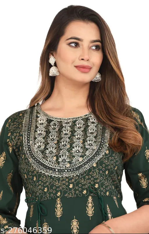 Rayon embroidered Indian long kurti, traditional Manbhar Fashion gown with three-quarter sleeves