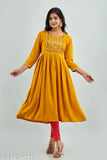 Yellow embroidered viscose rayon Anarkali Kurta with lace work, perfect for parties and weddings. Available in sizes S-XXXL. Made in India