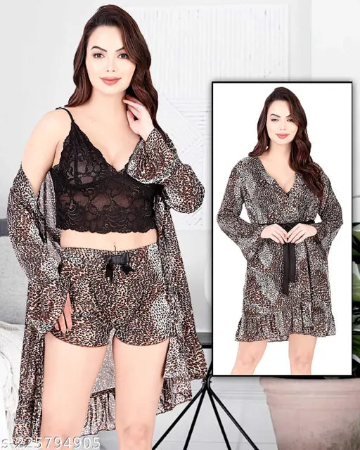 Leopard print sleeveless crop top & shorts robe set, soft smooth imported fabric nightwear for women