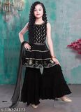 Black Georgette Anarkali Sharara Set with Embroidered Duppatta - Fashionable ethnic outfit for girls aged 3-13 years, ideal for special occasions and weddings