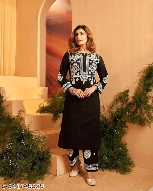 Designer embroidered Rayon kurta with palazzos, full-stitched dupatta in white and gold