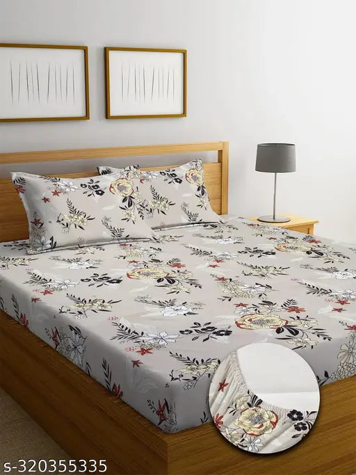 Beige cotton fitted double bedsheet with 2 king size pillow covers, botanical print, superfine quality for summer use