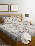 Beige cotton fitted double bedsheet with 2 king size pillow covers, botanical print, superfine quality for summer use