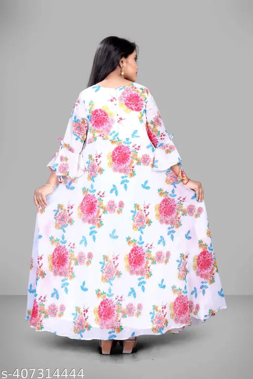Multicolor Georgette printed gown with dupatta set for modern girls' party wear, cotton blend fabric and three-quarter sleeves