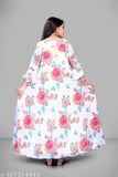 Multicolor Georgette printed gown with dupatta set for modern girls' party wear, cotton blend fabric and three-quarter sleeves