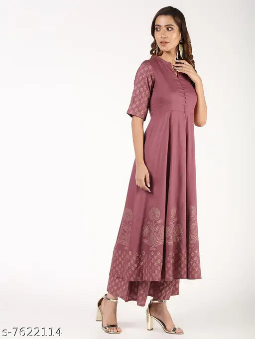Rayon Anarkali print long kurti with palazzos, vibrant Indian traditional women's outfit for festive celebrations or formal events