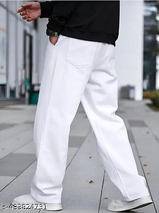White cotton men's slim fit jeans, cuffed ankles